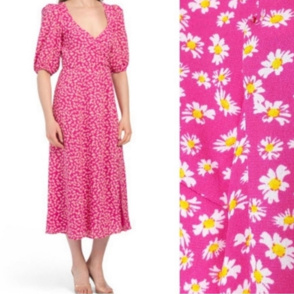 WAYF | NWOT Size Large L | hot pink floral daisy v neck dress | slit long maxi